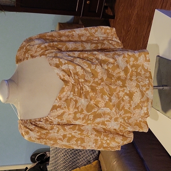 𝅺reitmans Printed Sweetheart Neck Linen Top Size XL Light Mustard - Picture 1 of 5